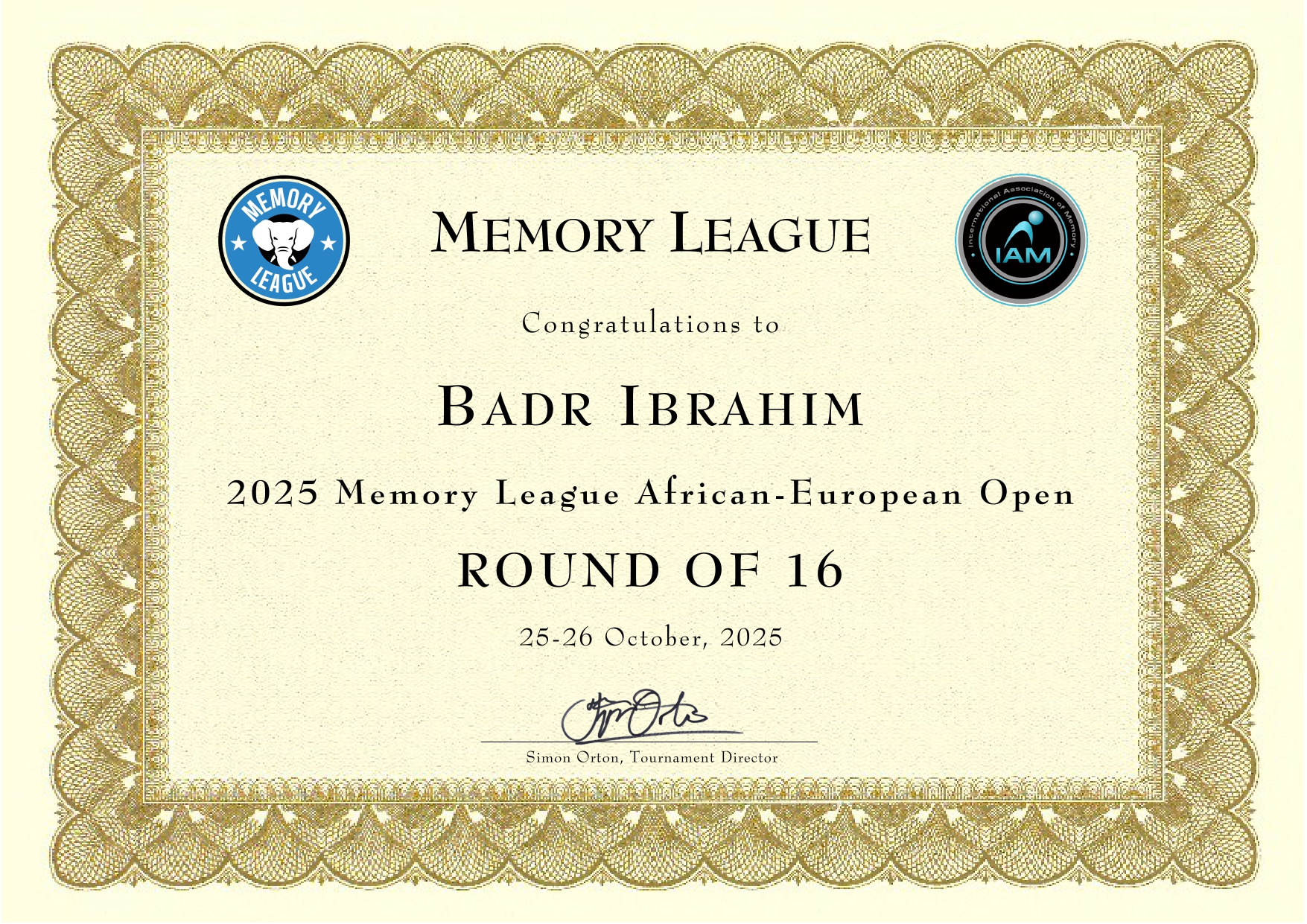شهادة African-European Open - الوصول إلى Round of 16 في 2025 Memory League African-European Open