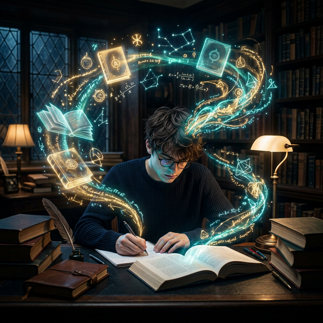 طالب ثانوية يذاكر بتركيز